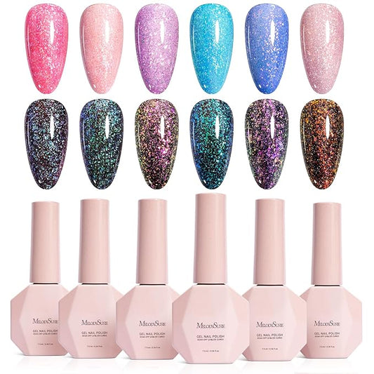 MelodySusie 7.5ML Glitter Gel Nail Polish Set, 6 Colors Sparkle Gel Polish Kit Blue Purple Pink Glitter Gel Polish Gifts for Women Nail Art Manicure Salon DIY Nail Design Decoration at Home