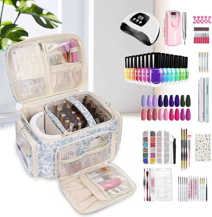 Nail Polish Organizer, Nail Polish Storage Holds 42+ Bottles & Nail Lamp, Portable Travel Nail Kit Storage Carrying Case Fits Nail Suppiles, Gift for Manicurist, Grils - Blue Flower