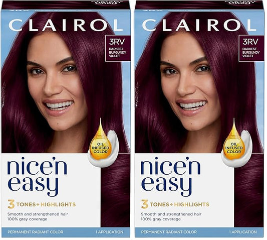 Clairol Nice'n Easy Permanent Hair Dye, 3RV Darkest Burgundy Violet Hair Color, Pack of 2