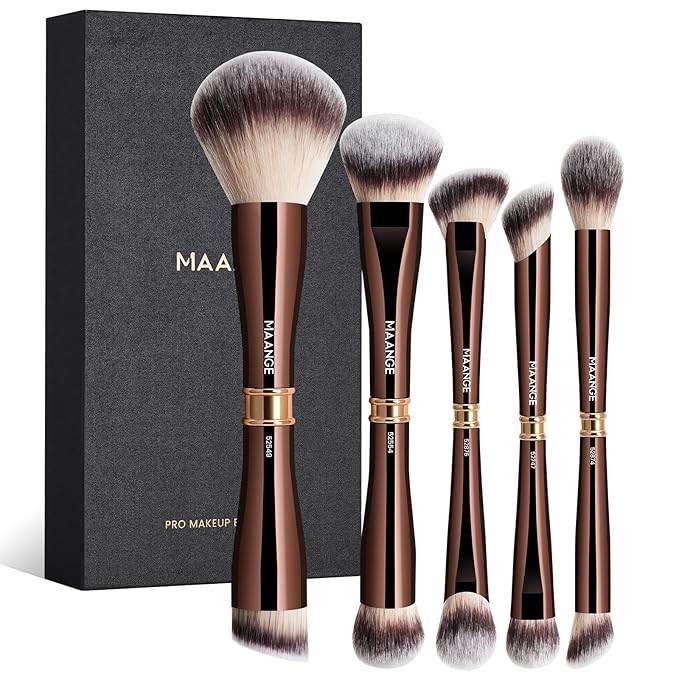 MAANGE Makeup Brush Set Double-ended Kabuki Makeup Brushes For Foundation Contour Liquid Powder Concealer Eye Shadows Cream Cosmetics Blending Blush Makeup Tools (Coffee Brown, 5 PCS)