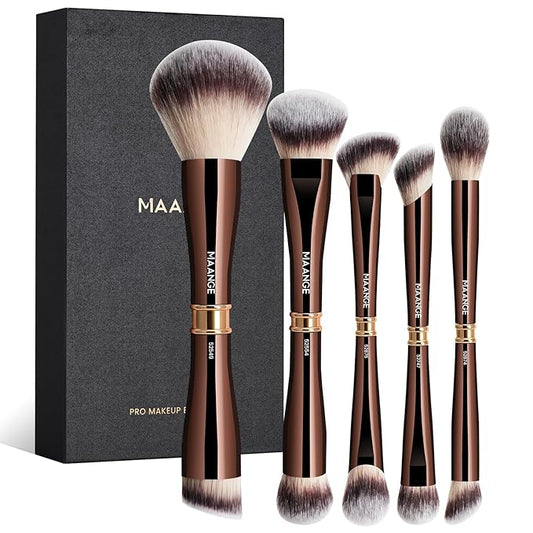 MAANGE Makeup Brush Set Double-ended Kabuki Makeup Brushes For Foundation Contour Liquid Powder Concealer Eye Shadows Cream Cosmetics Blending Blush Makeup Tools (Coffee Brown, 5 PCS)