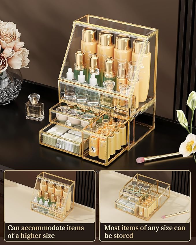 Tempered Glass Makeup Organizer – Clear Vanity Organizer with 18-Slot Lipstick Holder & Brush Organizer, Skincare and Perfume Storage for Dresser, Bathroom, and Countertop Use