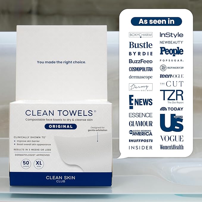 Clean Skin Club Clean Towels XL®, 100% USDA Biobased Face Towel, Disposable Face Towelette, Eczema Association Accepted, Makeup Remover Dry Wipes, Ultra Soft, 50 ct per pack, 3 Packs, 150 Ct Total