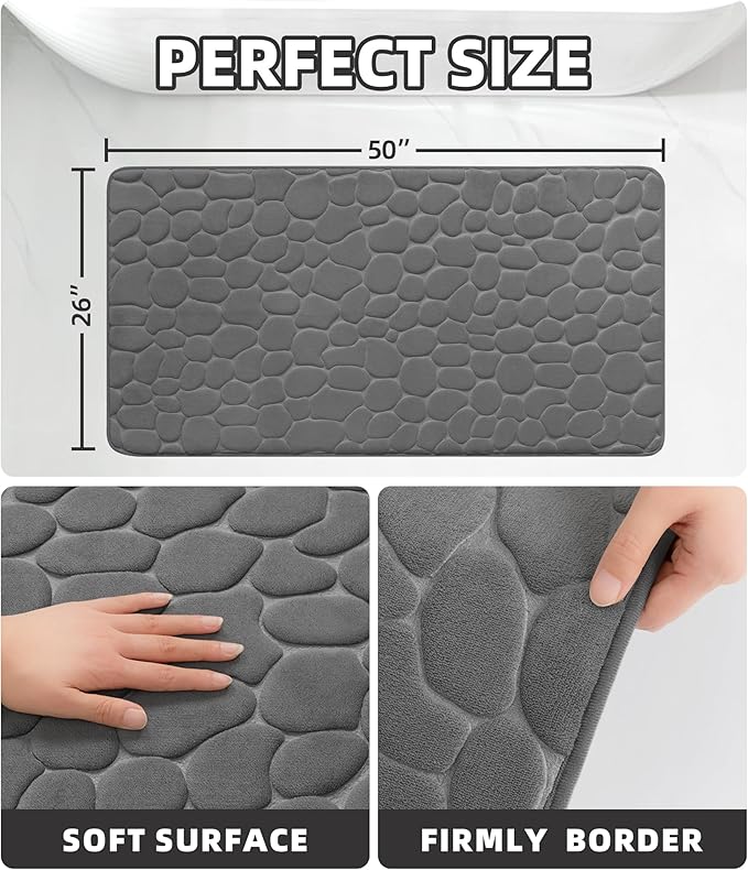 YIHOUSE Memory Foam Runner Rug, Cobblestone Bathroom Runner Rugs Super Water Absorbent Bath Mats for Bathroom Machine Washable Bath Rugs for Hallway Bedroom Laundry Room(26 x 50,Dark Gray)