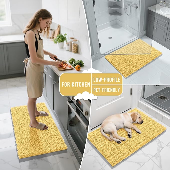 Yimobra Bathroom Rugs Non Slip Washable 32x20 Inch - Ultra Soft Absorbent Chenille Bath Mat, Quick Dry Shaggy Floor Carpet for Tub Shower, Yellow Home Decor Accessories