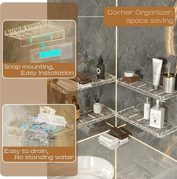 Shower Organizer, Wall Floating Shelf, Clear Wall Mounted Organizer for Bathroom Storage and moreAcrylic No Drill Wall Mount Adhesive Shelf