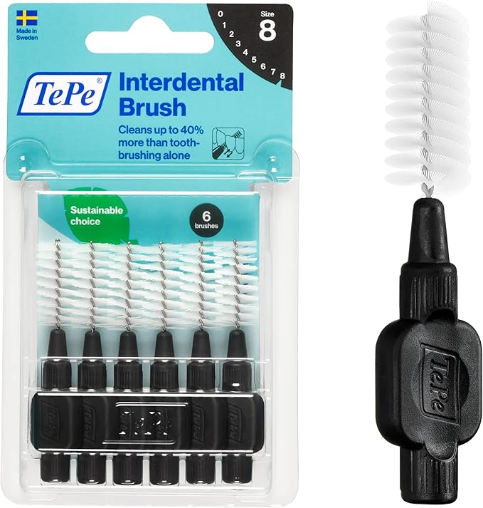 TePe Interdental Brush Original, Soft Dental Brush for Teeth Cleaning, Pack of 6, 1.5 mm, Extra-Large Gaps, Black, Size 8