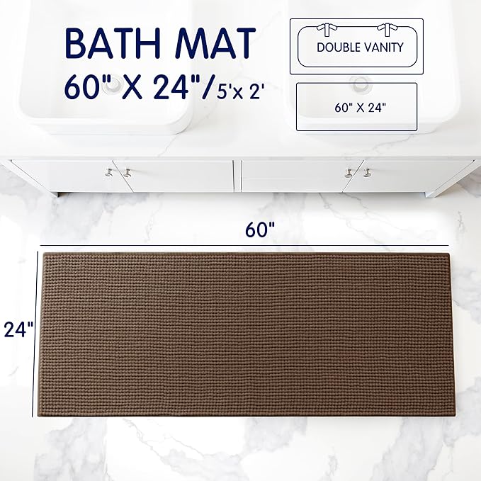 SUBRTEX Bathroom Rugs, 24" x 60" Chenille Bath Rug Soft Short Plush Bath Mat Soft Shower Mat Water Absorbent Shower Mat Quick Dry Machine Washable, Brown