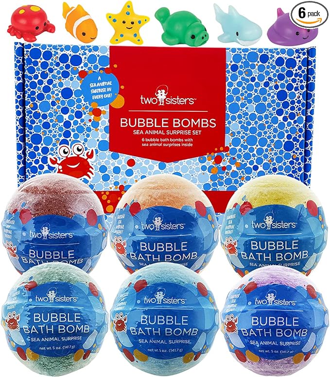 Sea Animal Bath Bombs for Kids with Surprise Toys Inside (6 Pack) - Bubble Bomb Stocking for Girls and Boys, Gentle and Safe Ingredients, USA Made, Ideal Gift for Children & Teens by Two Sisters