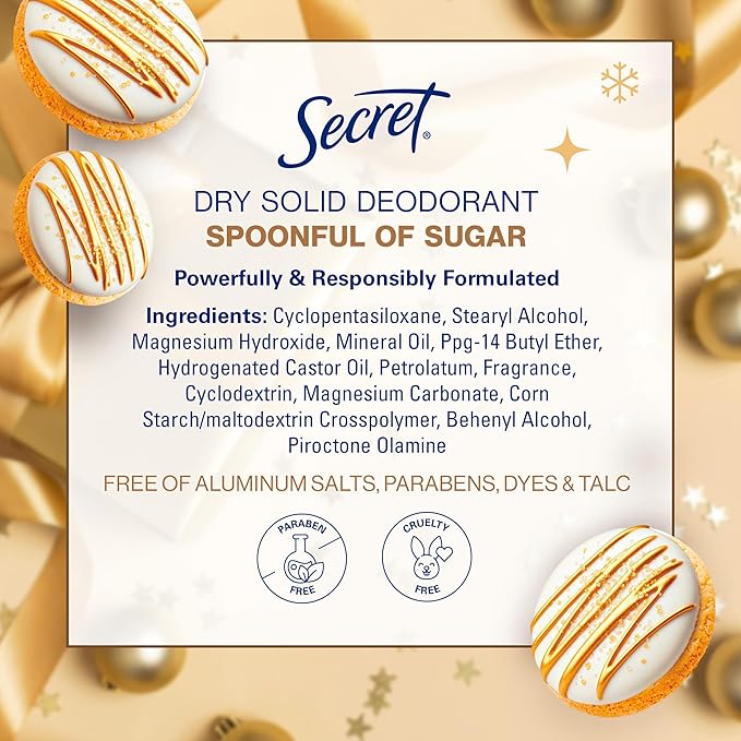 Secret Aluminum Free Deodorant for Women, 48hr Odor Protection with Pro-Hyaluronic Acid, PH Balancing Minerals, Holiday Dry Solid, Spoonful of Sugar with Glazed Crème & Vanilla Custard Scent, 2.4 oz
