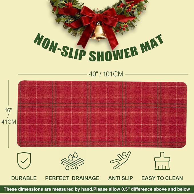 Christmas Non-Slip Bathtub Mat, Anti Slip Shower Mat, Fast Drying Bathtub Mats, Foot Scrubber Mat, Anti Slip Mat for Tub, Floor, Bathroom, Kitchen, Home, Hotel (Holiday Plaid, 40"x16")