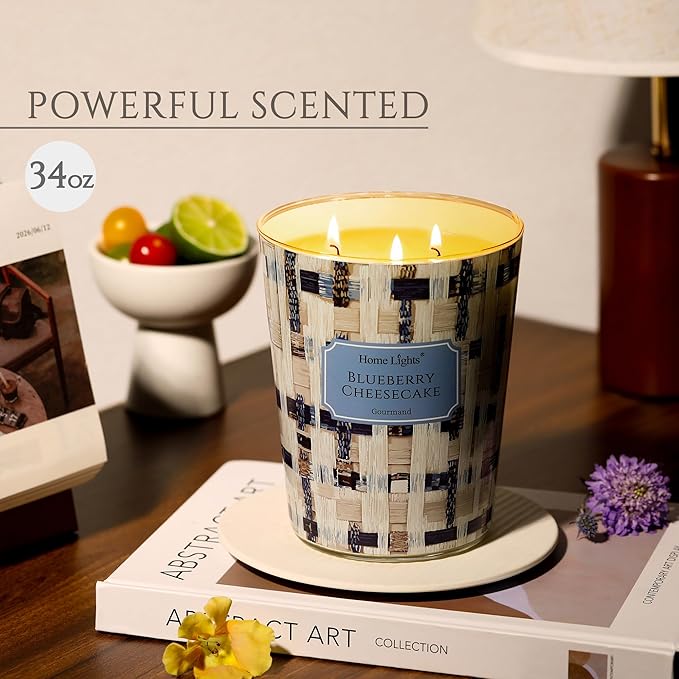 HomeLights Scented Candles for Women & Men, 34oz Candle Jars Aromatherapy 3-Wick Candle, Ideal for Rustic Modern Home Decor and Gifts, Blueberry Cheesecake
