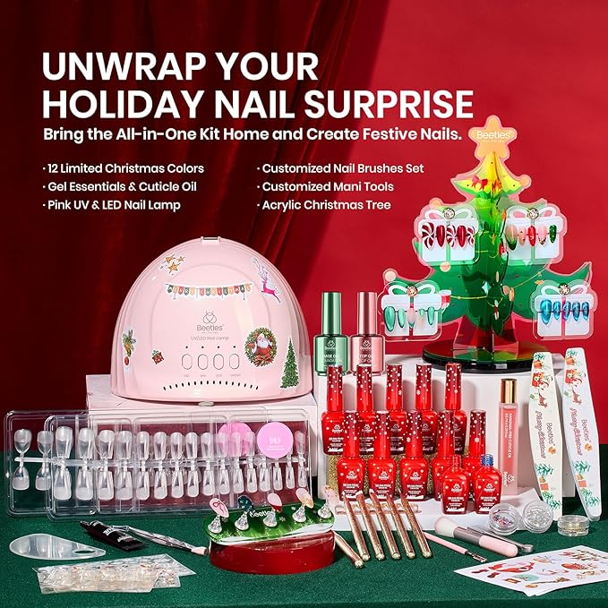 Beetles 67Pcs Gel Nail Kit Crystal Christmas Gifts for Women Teen Girls - 12 Colors Cat Eye Red Glitter Gel Polish Kit with U V Light & Nails Stand Acrylic Holder Display Nails Stuff Manicure Set