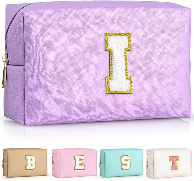 TOPEAST Preppy Makeup Bag, Cute Makeup Pouch PU Leather Waterproof Cosmetic Bag, Personalized Birthday Gifts for Mom Teacher Friends Bridesmaids Nurse, Trendy Stuff for Girls (Purple I)