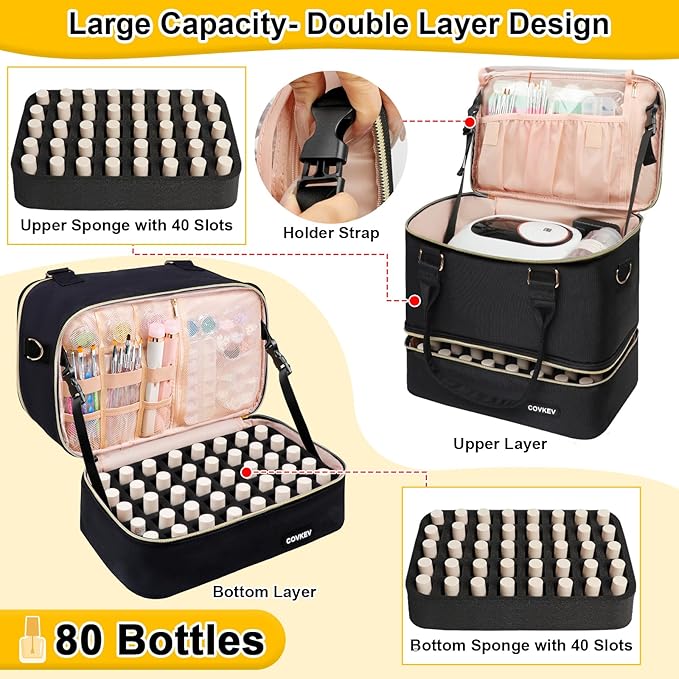 Nail Polish Organizer Hold 80 Bottles (15ml/0.5 fl.oz)& Nail Lamp, Double Layer Nail Bag Organizer Case with Handle, Large Nail Supplies& Kit Storage Case for Women Travel (Black& Golden)