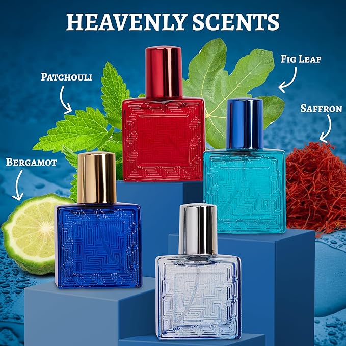 NovoGlow Verse Mini 4-Piece Fragrance Gift Set for Men - Aromatic, Floral, Oriental & Woody Notes - Individually Boxed - Travel Size - 25ml Eau De Parfum