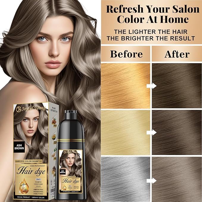 Natural Hair Dye Shampoo 3 IN 1, Gray Hair Coverage, Vegan, Ammonia-Free & Paraben-Free Hair Coloring Shampoo for Women & Men, Beard Dye for Men, Nourishing Gentle Easy to Use (ASH BROWN)