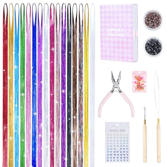 IDN BEAUTY 16 Colors Hair Tinsel Kit, 48 Inches Hair Extensions, Tinsel for Christmas Halloween Cosplay Party, Highlights Sparkling Hair for Girls Women Kids