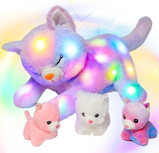 Hopearl LED Plush Cat Lighting Up Stuffed Mommy Cat with 3 Baby Kittens in her Tummy Stuffed Animal Playset Night Lights Glow in The Dark for Mom Kids Toddler Girls, Rainbow, 18''