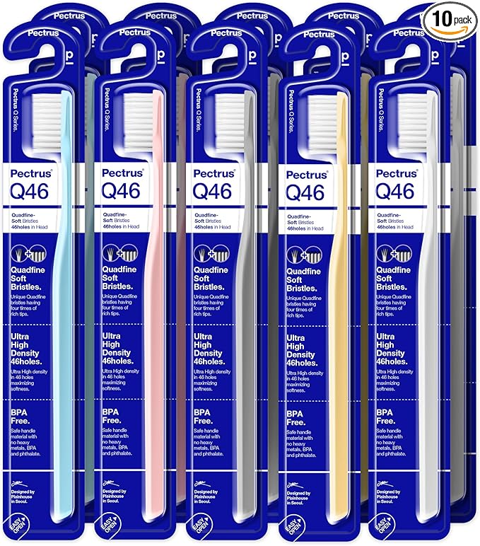 Soft Toothbrush Pack, 10 Count, Advanced Quad-fine Bristles Technology, Tapered Bristles for Sensitive Teeth, Gums & Deep Plaque Removal, Self Flossing Manual Toothbrushes, Assorted Colors