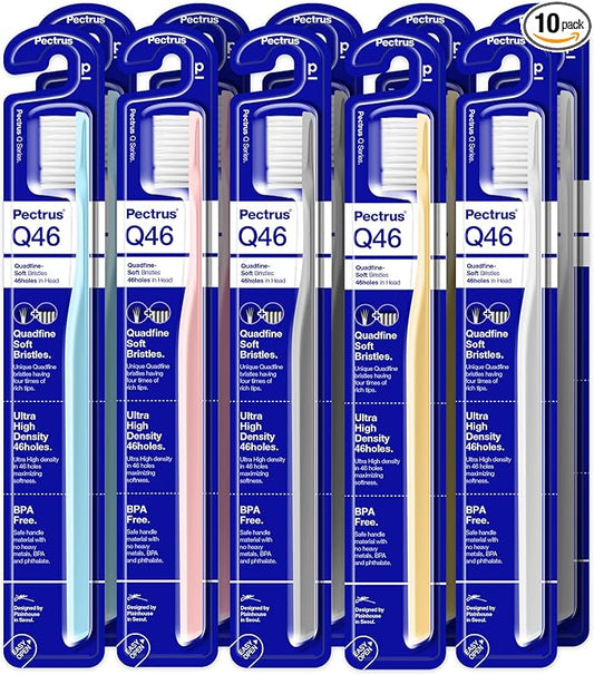 Soft Toothbrush Pack, 10 Count, Advanced Quad-fine Bristles Technology, Tapered Bristles for Sensitive Teeth, Gums & Deep Plaque Removal, Self Flossing Manual Toothbrushes, Assorted Colors