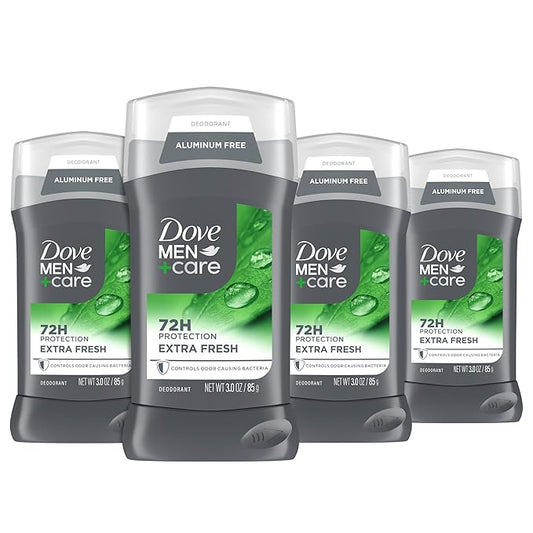 Dove Men+Care Deodorant Stick for Men 4 Count Extra Fresh Aluminum Free 72-Hour Odor Protection Mens Deodorant with 1/4 Moisturizing Cream 3 oz