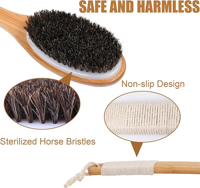 OWIIZI Horsehair Bath Brush Bamboo Curved Long Handle Antiskid Body Brush for Exfoliating, Natural Mane Shower Scrubber for Back Use Wet or Dry,Back Scrub Deep Cleanse-17.9inches