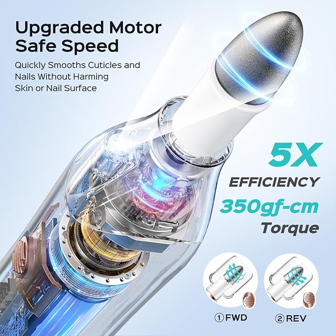 COSLUS Professional Manicure Pedicure Kit, 5-in-1 Electric Nail File for Toenail Hand Feet Care - Wider Grinder for Thick Nails, Cordless, 5 Speed, for Men Women Seniors Home Salon, White, C43(END10)