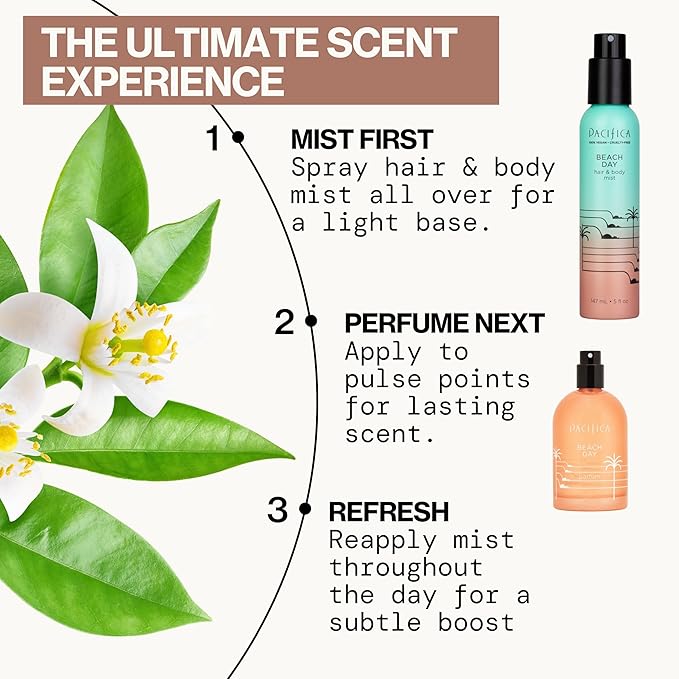 Pacifica Beach Day Hair Mist Perfume & Full Body Spray for Women - Body Mist Fragrance w/Bergamot, Orange Flower, Sandalwood, Amber, Musk & Suede Leather – Clean Beauty Alcohol-Free, Vegan 5 oz