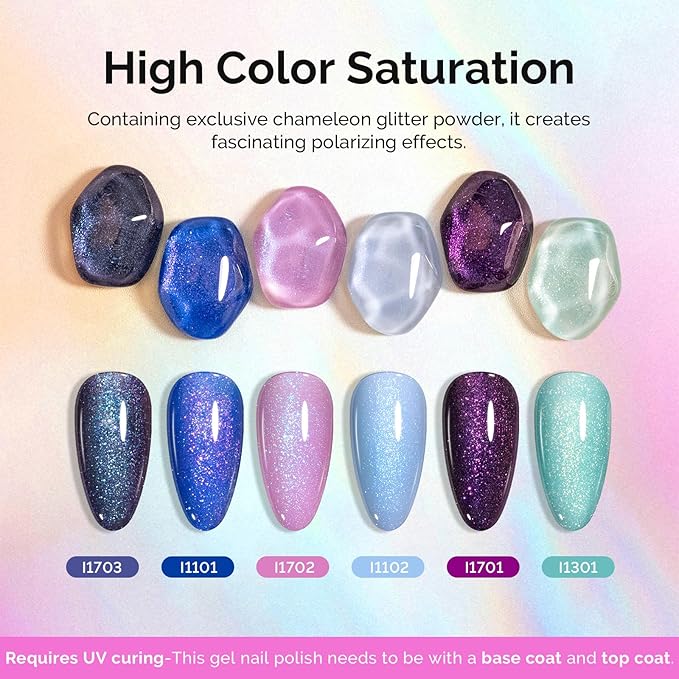 MelodySusie 7.5ML Glitter Gel Nail Polish Set, 6 Colors Chameleon Sparkle Gel Polish Kit Aurora Blue Purple Green Shimmer Gel Polish Gifts for Women Nail Art Manicure Salon DIY Nail Design at Home