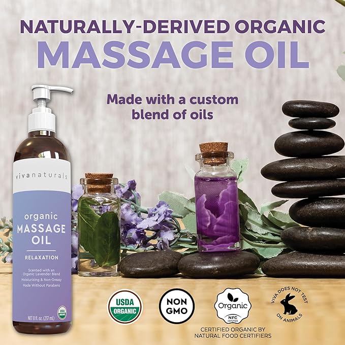 Viva Naturals Organic Massage Oil, Lavender Scented, 8 fl oz (237 mL) – Non-Greasy, Certified Organic Massage Therapy Oils