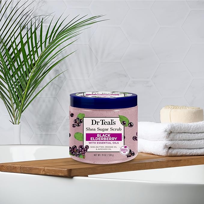 Dr Teal's Shea Sugar Body Scrub, Black Elderberry with Essential Oils, 19 oz (Pack of 3)