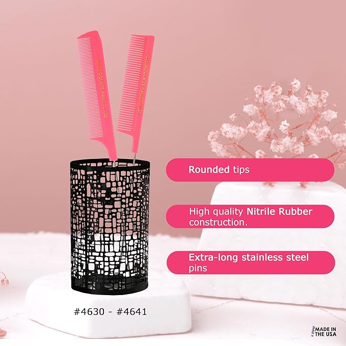 Allegro XL Pintail Rat Tail Parting Combs - Metal Tail Foiling Pin Combs for Stitch Braids - 2 Pc. (Neon Pink)