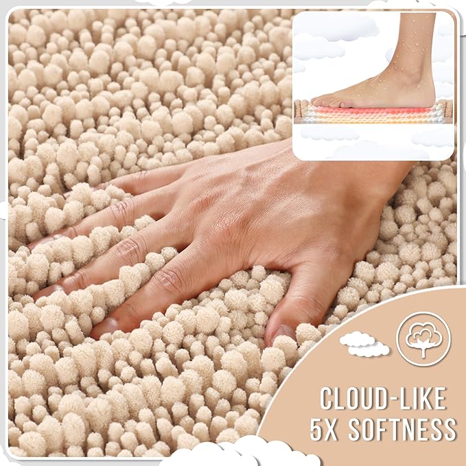 Yimobra Bathroom Runner Rug 60x24 Inch - Extra Long Non Slip Chenille Bath Mat, Soft & Absorbent, Machine Washable Shaggy Hallway Carpet for Vanity Tub Shower, Light Brown Home Decor Accessories