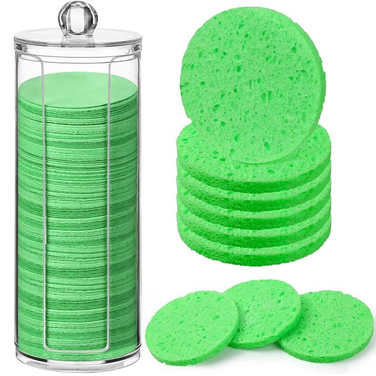 120 Pcs Compressed Facial Sponges Natural Face Exfoliator Disposable Face Sponges for Cleansing Round Soft Facial Scrubber Pads with Storage Container for Makeup Removal Travel (Green)