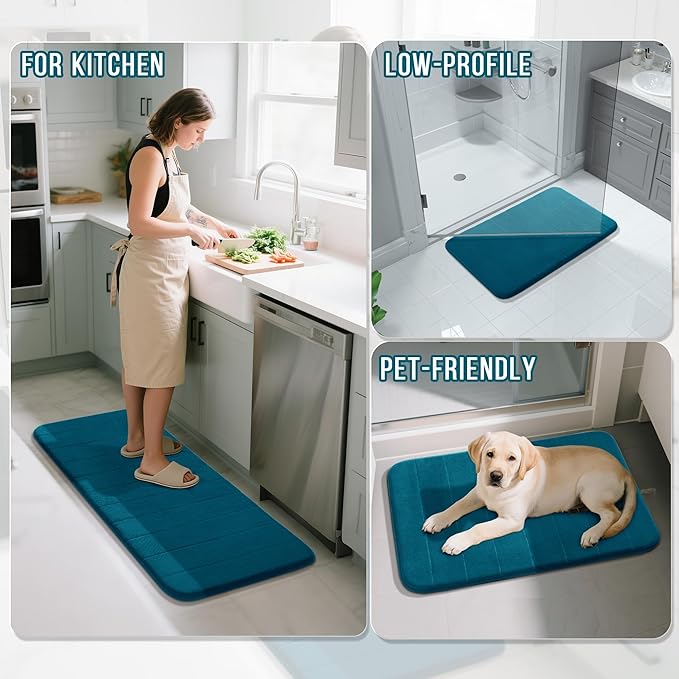Yimobra Memory Foam Bath Mat, Super Soft Absorbent Bathroom Rug Non Slip, Quick Dry, Machine Washable Floor Carpet for Tub Shower, Home Decor Accessories, 24x17, Peacock Blue