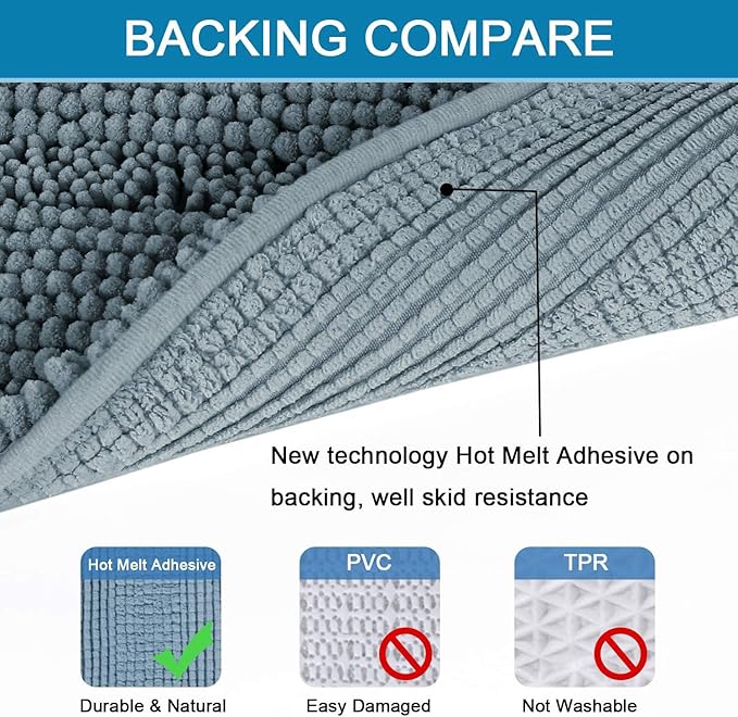 H.VERSAILTEX 2 Piece Bathroom Set - Absorbent Chenille Bath Mats & Non-Skid Machine Washable Rugs (Stone Blue, 47 x 17 Plus 17 x 24 - Inches)