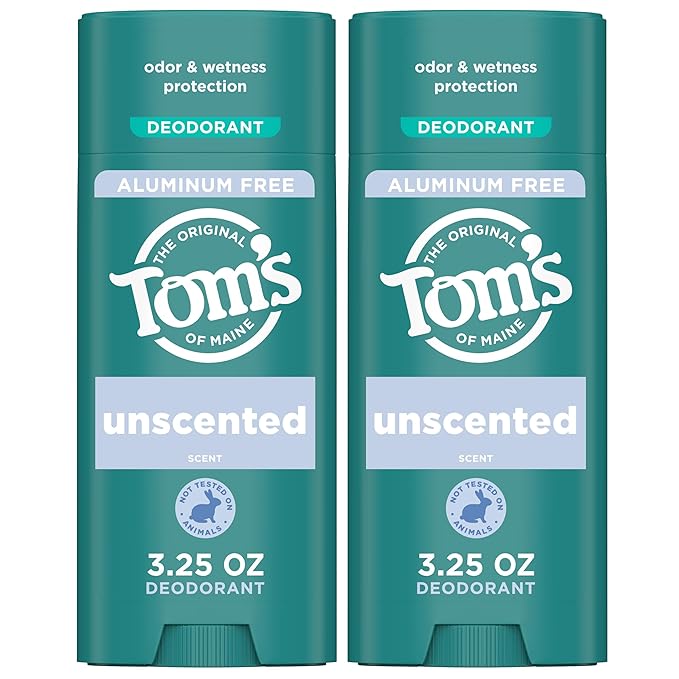 Tom’s of Maine Unscented Aluminum Free Natural Deodorant For Women & Men | Goes on Clear | Odor & Wetness Protection | Naturally Derived and Moisture-Locking Ingredients | 3.25 oz (2 Pack)