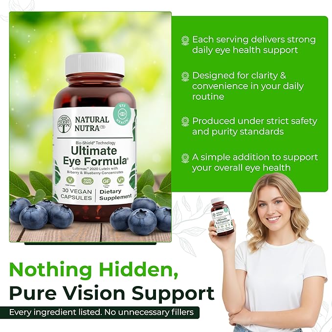 Natural Nutra Ultimate Eye Health Supplement - Bilberry & Blueberry Extract Blend for Day and Night Vision Support, Promotes Color Perception & Eye Clarity - Non-GMO, Vegan - 30 Capsules (Pack of 2)
