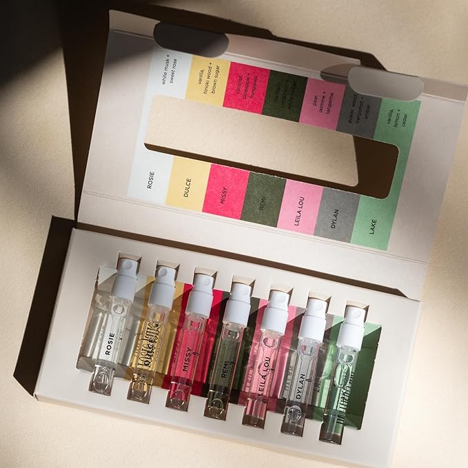 By Rosie Jane Discovery Perfume Set - 7 Piece Travel Size Perfume Set - Gift Set Includes Scents Rosie, Dulce, Missy, Remi, Leila Lou, Dylan & Lake - Clean Perfume for Women (7 Count)