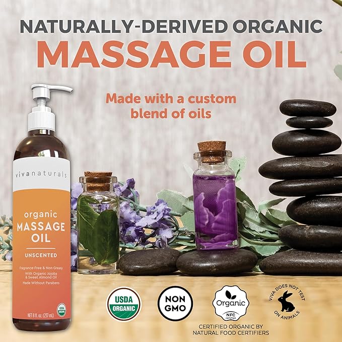 Viva Naturals Organic Massage Oil, Unscented, 8 fl oz (237 mL) – Non-Greasy, Certified Organic Massage Therapy Oils