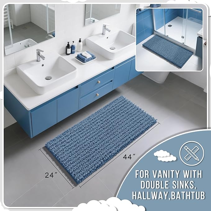 Yimobra Long Bathroom Rugs Non Slip Washable 44x24 Inch - Ultra Soft Absorbent Chenille Bath Mat, Quick Dry Shaggy Floor Carpet for Tub Shower, Denim Blue Home Decor Accessories
