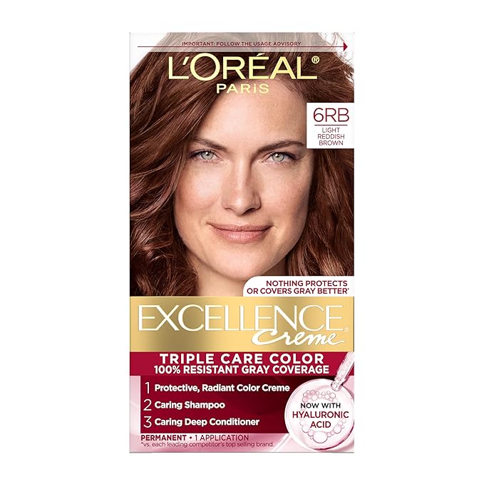 L'Oreal Paris Excellence Crème Permanent Hair Dye, Triple Care Hair Color with Pro-Keratine Complex for 100% Gray Hair Coverage, 6RB Light Reddish Brown, 1 Kit