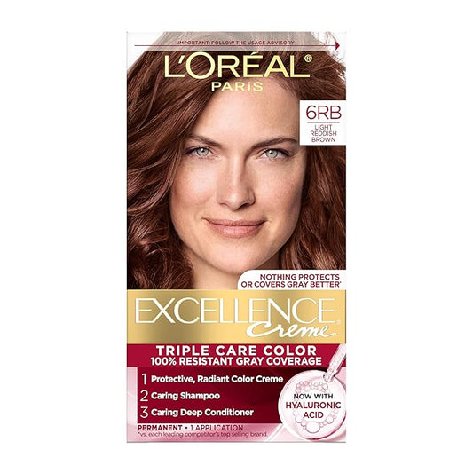 L'Oreal Paris Excellence Crème Permanent Hair Dye, Triple Care Hair Color with Pro-Keratine Complex for 100% Gray Hair Coverage, 6RB Light Reddish Brown, 1 Kit