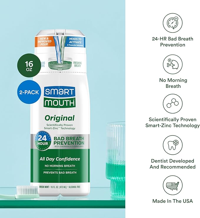 SmartMouth Original Activated Mouthwash - Adult Mouthwash for Fresh Breath - Oral Rinse for 24-Hour Bad Breath Relief with Twice Daily Use - Fresh Mint Flavor, 16 fl oz (2 Pack)