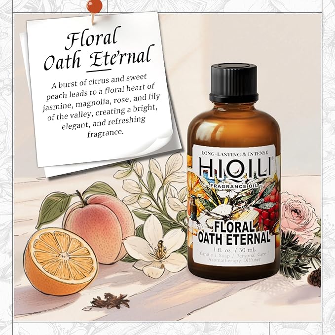 HIQILI Floral Oath Eternal Fragrance Oil, Jasmine & Peach Scents, Perfect for Soap & Candle Making, Essential Oil Diffusers, Skin and Body Scenting - 1 Fl Oz