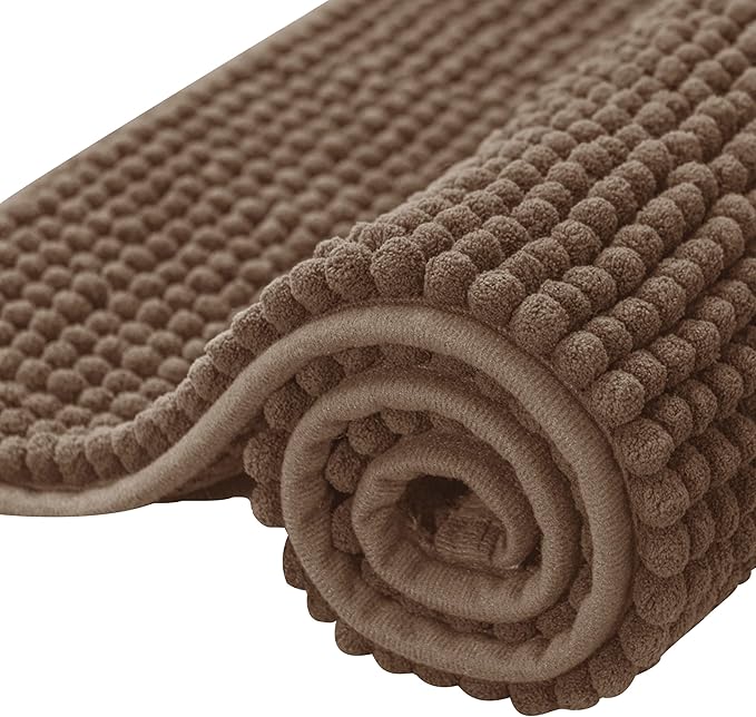 SUBRTEX Bathroom Rugs Chenille Bath Rug Soft Short Plush Bath Mat Soft Shower Mat Water Absorbent Shower Mat Quick Dry Machine Washable(Brown,16" x 24")