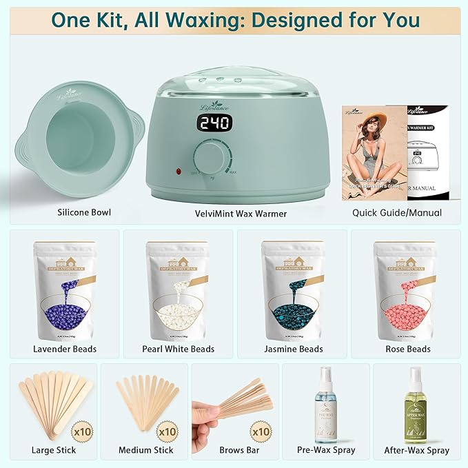 Lifestance Waxing Kit for Women & Men - L3 VelviMint Digital Warmer, Silicone Wax Pot Liner, Hair Removal Kit with 14.1oz Hard Wax Beads & Oil Spray, Professional for Home Brazilian Bikini Face Leg