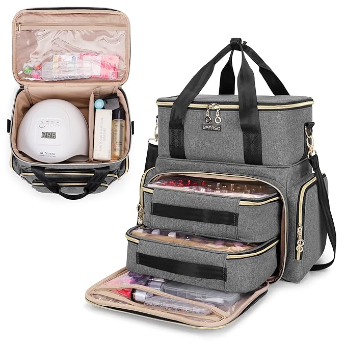 BAFASO Double Layer Nail Polish Organizer Holds 70 Bottles (15ml - 0.5 fl.oz) and a Nail Dryer, Nail Polish Case with 2 Removable Pouches and Tools Storage Sections (Patented), Gray