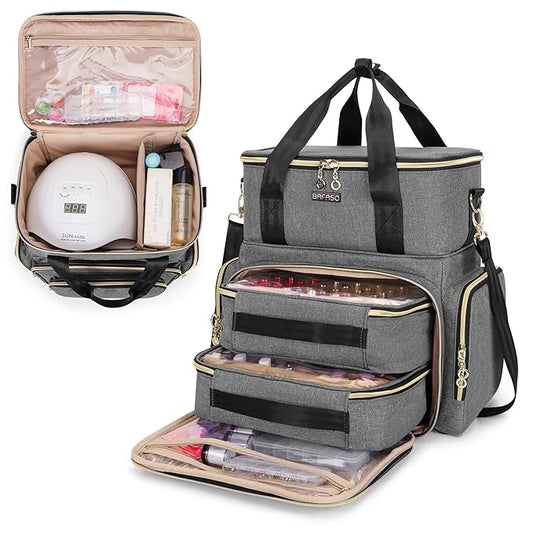 BAFASO Double Layer Nail Polish Organizer Holds 70 Bottles (15ml - 0.5 fl.oz) and a Nail Dryer, Nail Polish Case with 2 Removable Pouches and Tools Storage Sections (Patented), Gray